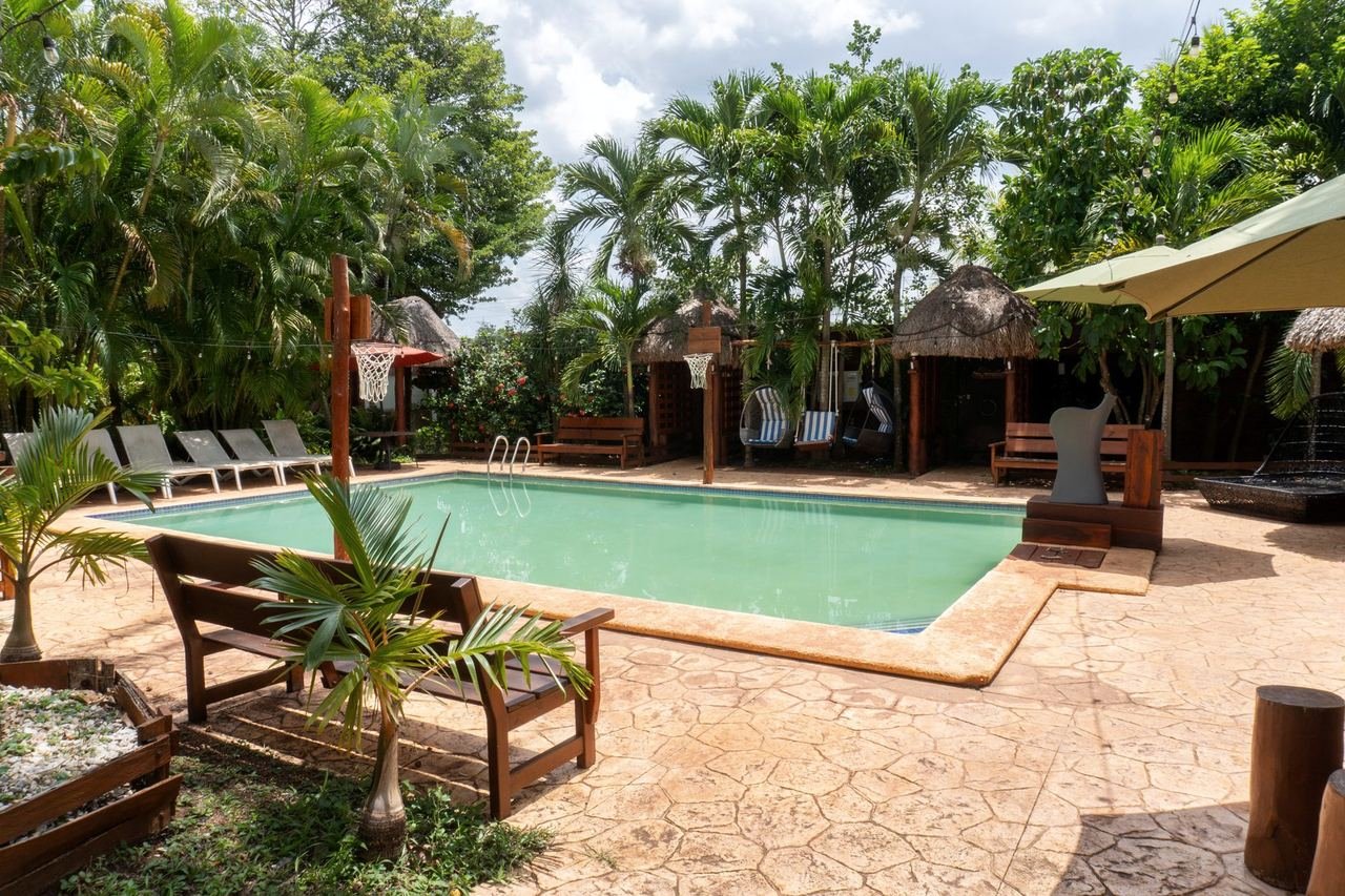 Alberca con camastros y una palapa al fondo, a nivel de piso
